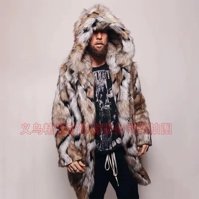 Hommes fausse fourrure veste manteau à capuche mi-longue pardessus hiver chaud épais moelleux Shaggy Vintage affaires décontracté 2025 vêtements d'extérieur