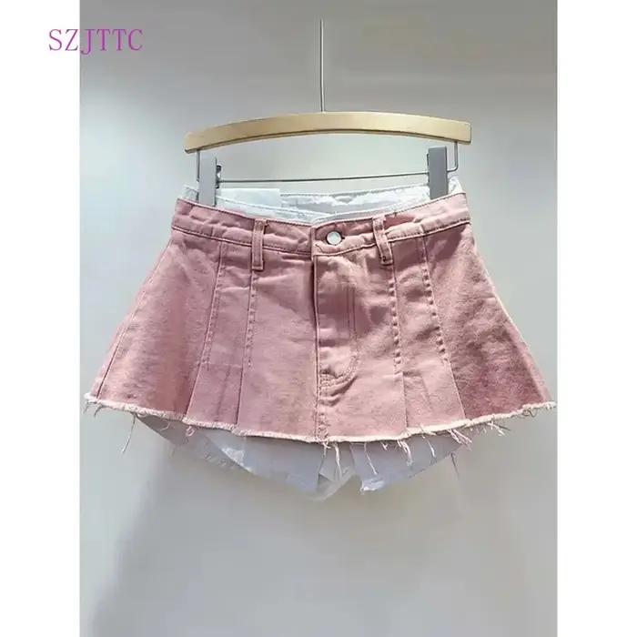 Jupe en jean femme taille haute plissée Patchwork couleur contrastée grandes poches bavures a-ligne Mini