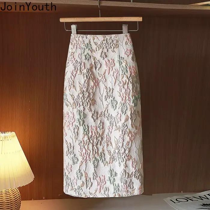Jupes florales pour femmes coréen Jupe 2025 Faldas Mujer De Moda taille haute a-ligne mode Saia fendu moulante