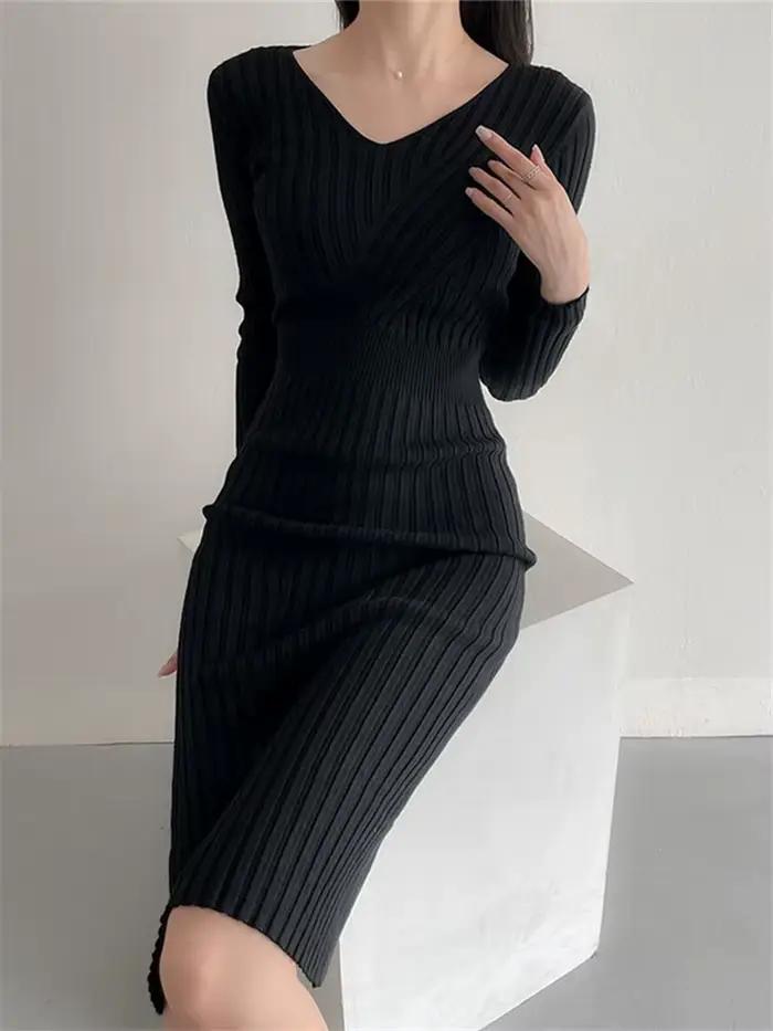 Robe pull en tricot pour femmes, Vintage, paquet de tricot, hanche élégante, tricot élastique, robes mi-longues pour automne et hiver