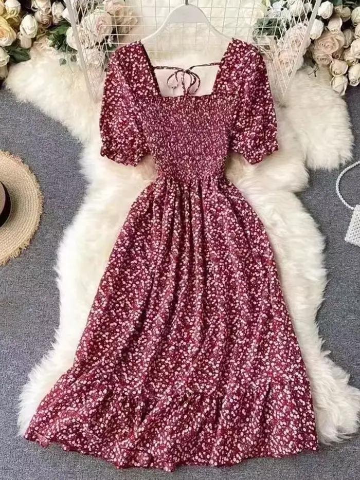 Robes plissées roses en mousseline de soie pour femmes, élégantes avec douces robes amincissantes taille haute d'inspiration française, robes longues de Style Vintage