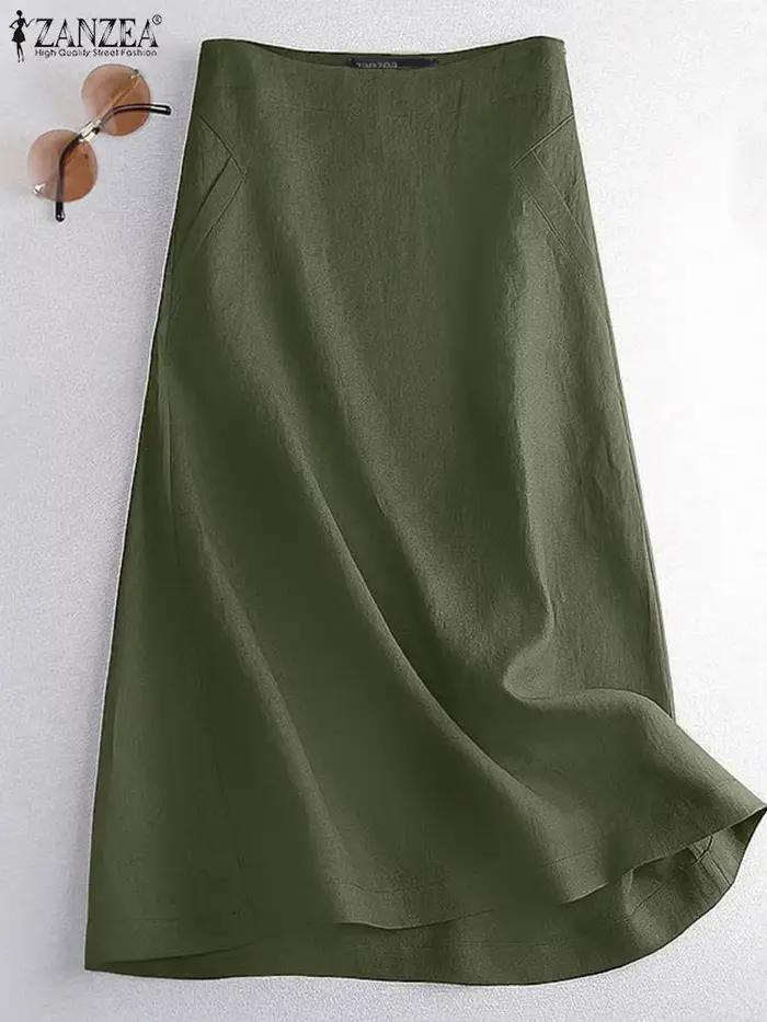Jupe ample femme ZANZEA couleur unie coton mi-mollet ajustement lâche décontracté vintage mode occasions diverses