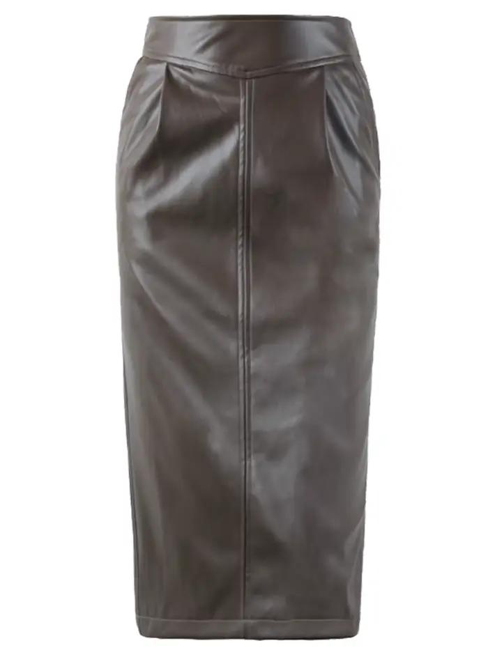 Nerazzurri-Jupe mi-longue en cuir PU pour femme, jupes crayon taille haute, fermeture éclair fendue sur le côté, marron, blanc, noir, printemps, 2023
