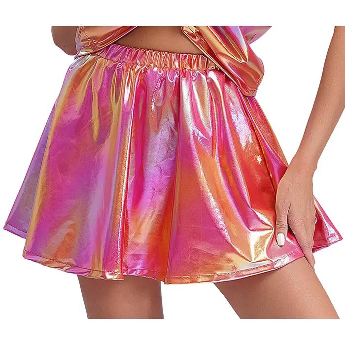 Mini jupes métalliques brillantes pour femmes, jupe de danse à volants, taille haute, évasée, Rave Bar Club, Costume Y2K
