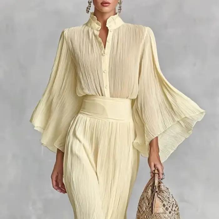 Ensemble jupe plissée abricot 2 pièces pour femmes, chemises légèrement transparentes à manches évasées, haut fendu, jupe longue, printemps été 2026 pour occasions semi-formelles et journées quotidiennes