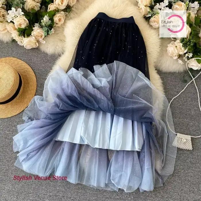 Jupe en gaze dégradée de ciel étoilé français pour femme, nouvelle mode printemps et été, taille haute, jupe plissée en mousseline de soie à paillettes