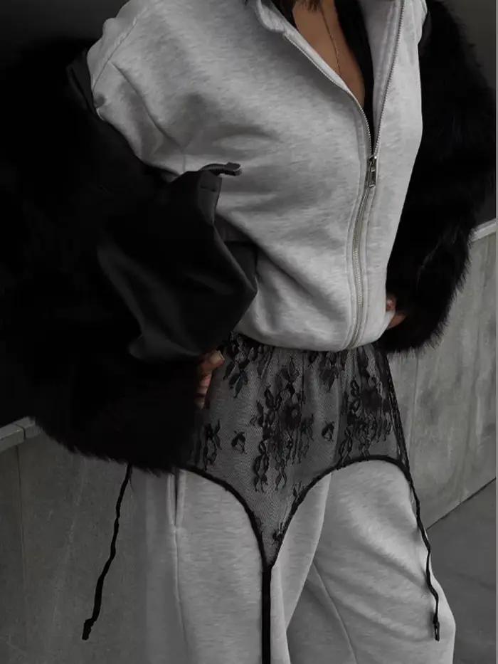 Jupe Courte Femme en Dentelle Noire Taille Haute Transparente Ample Style Streetwear Printemps-Été 2026