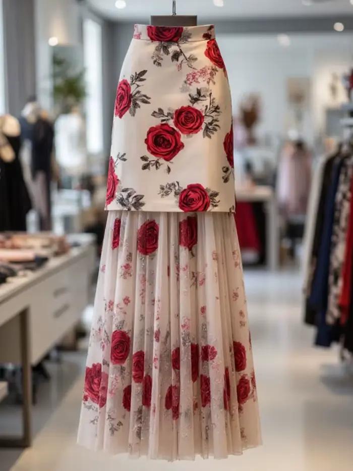 Subculturel élégant Vintage Rose imprimé jupe pour femmes été taille mince jupes moulantes 2026 nouveau maille Patchwork Faldas Mujer