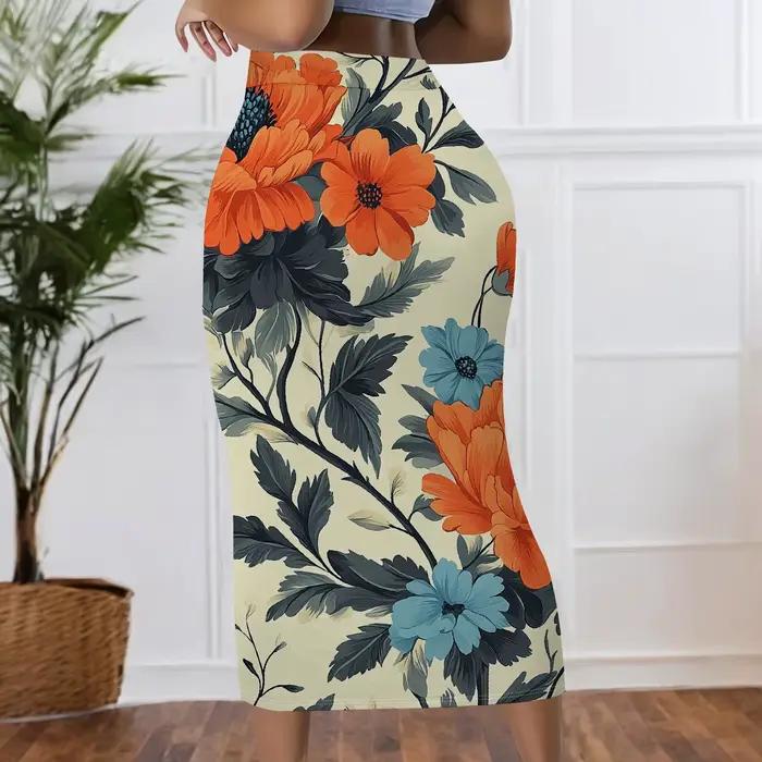 Jupe crayon florale, jupe midi imprimée orange et bleue, jupe moulante taille haute, tenue de bureau élégante, S-2XL