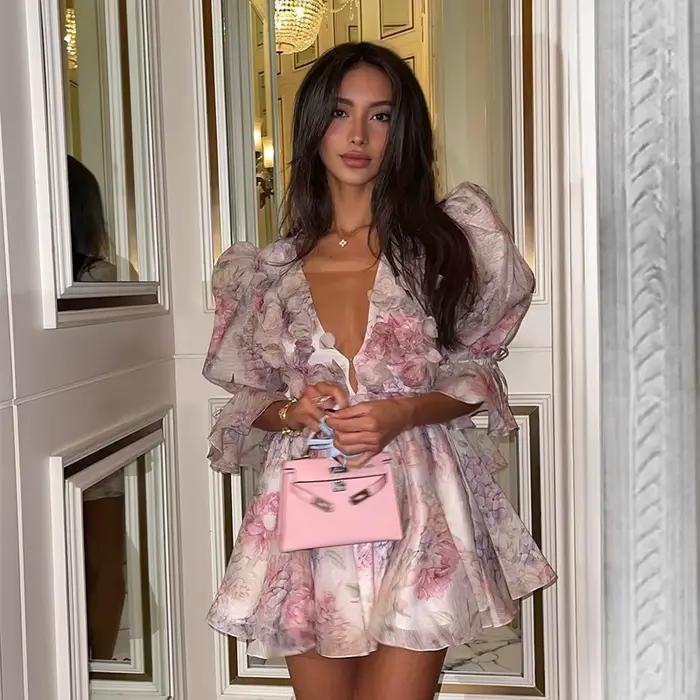 Robe mini à imprimé floral dos nu pour femme
