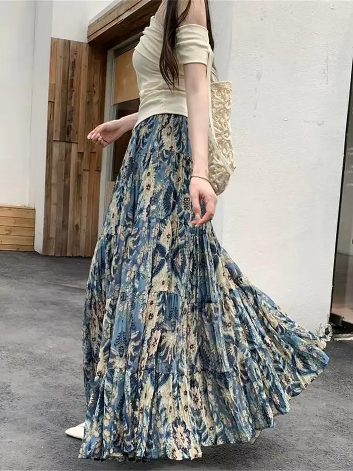 Jupes longues en mousseline de soie de style ethnique bohème pour femmes