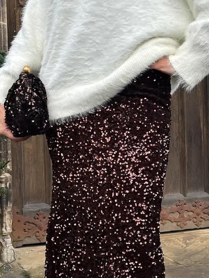 HH tendance femmes mode d'été élégant jupes de fête solide taille haute paillettes décoration fente femme Sexy mince