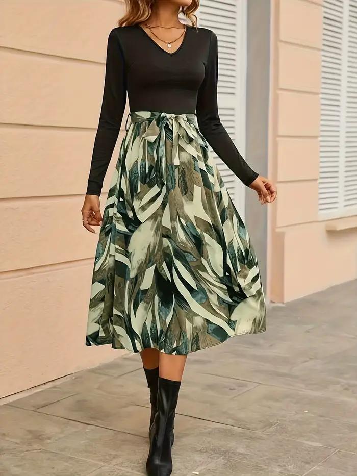 Jupe midi femme imprimé botanique vert taille haute avec nœud ourlet asymétrique coupe trapèze pour printemps occasions spéciales