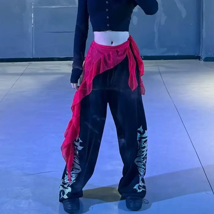 Jean pantalon décor léopard dentelle Mini jupe irrégulière Y2K Streetwear à lacets volants
