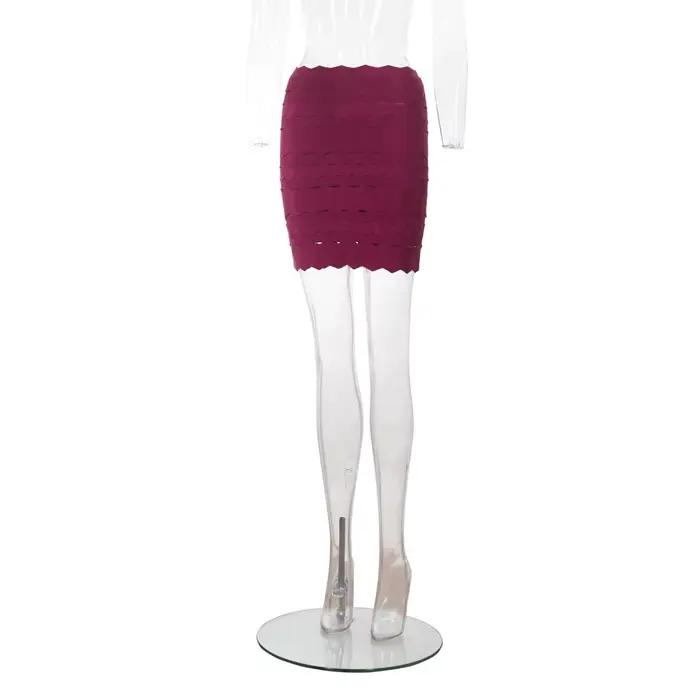 Mini-jupe élégante à bandes rouge vin – Jupe moulante taille haute à ourlet festonné pour femme