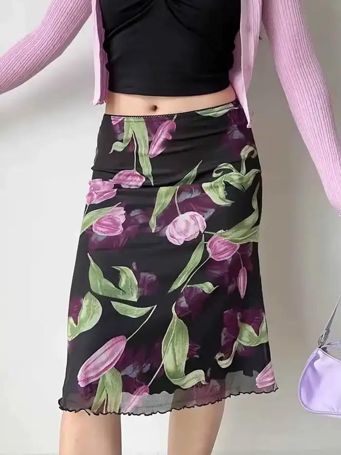 Jupe Vintage Florale en Maille pour Femme