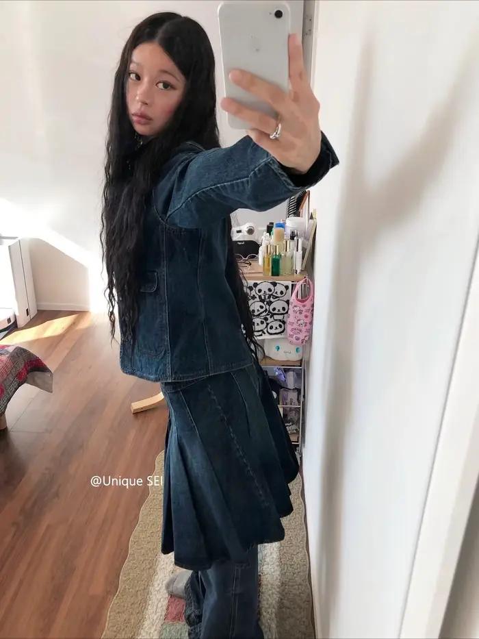 Veste en jean à col rabattu délavé, Vintage coréen, jupe plissée + pantalons décontractés, ensembles 3 pièces, tenues pour femmes, costumes de styliste Y2k