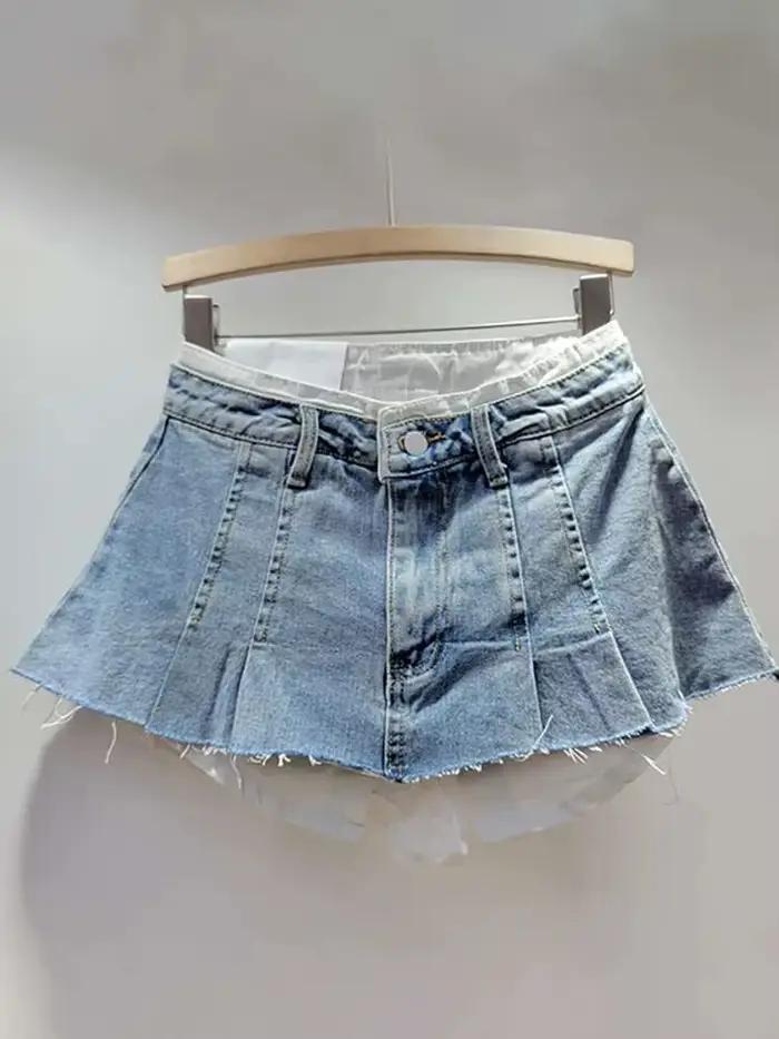 DEAT femmes jupe en jean taille haute plissée Patchwork couleur contrastée grandes poches bavures a-ligne Mini
