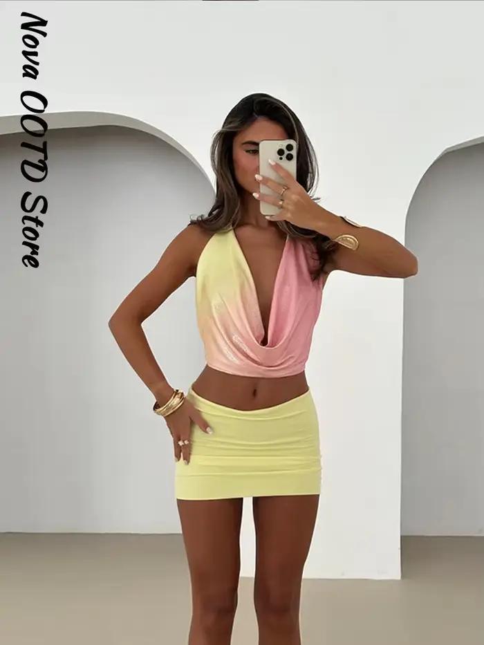 Club haut à paillettes gaine jupe ensembles femmes Sexy dos nu sans manches réservoir hanche paquet jupes 2025 été mode dame ensemble de fête ﻿