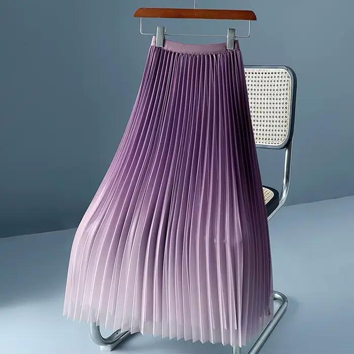Jupe longue plissée dégradée en maille pour femme, taille haute élastique, coupe trapèze, élégante et décontractée, été 2026, mode quotidienne