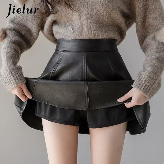 Jielur PU jupe plissée automne femmes couleur unie en cuir jupes d'hiver