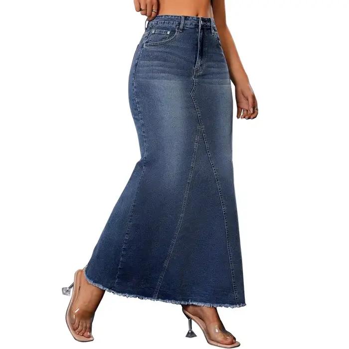 Jupes femmes Denim jupe longue hanche enveloppement taille haute poches extensibles lavé femme été Streetwear Vintage une ligne en détresse 2025