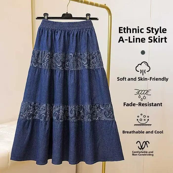 Jupe mi-longue en jean style ethnique rétro taille élastique grande