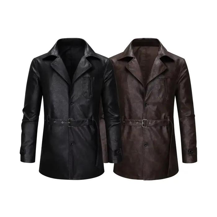 Cool à la mode mi à longue longueur veste en cuir hommes coupe ajustée Double boutonnage en cuir coupe-vent hiver hommes qualité nouvelle veste