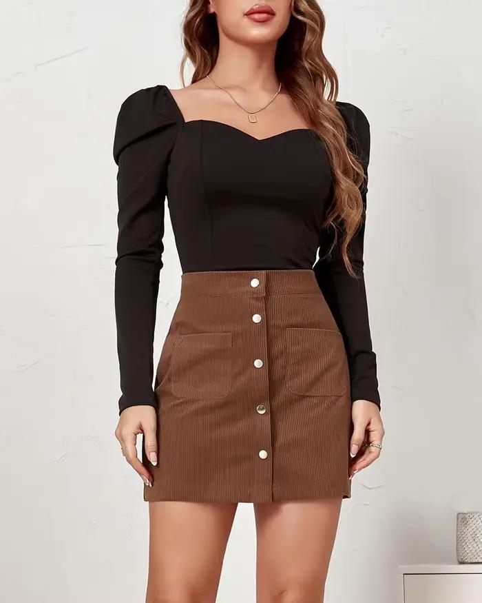 Jupe en velours côtelé à boutonnage simple pour femme