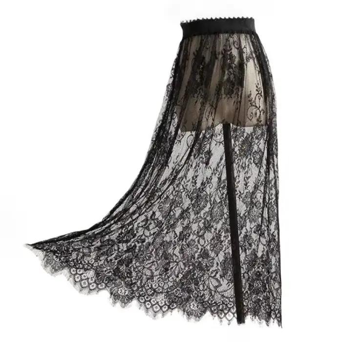 Jupe transparente élégante en dentelle noire, taille haute, robe de plage en Tulle, mi-longue, confortable, Cover-Up pour les maillots de bain, été, Y2K
