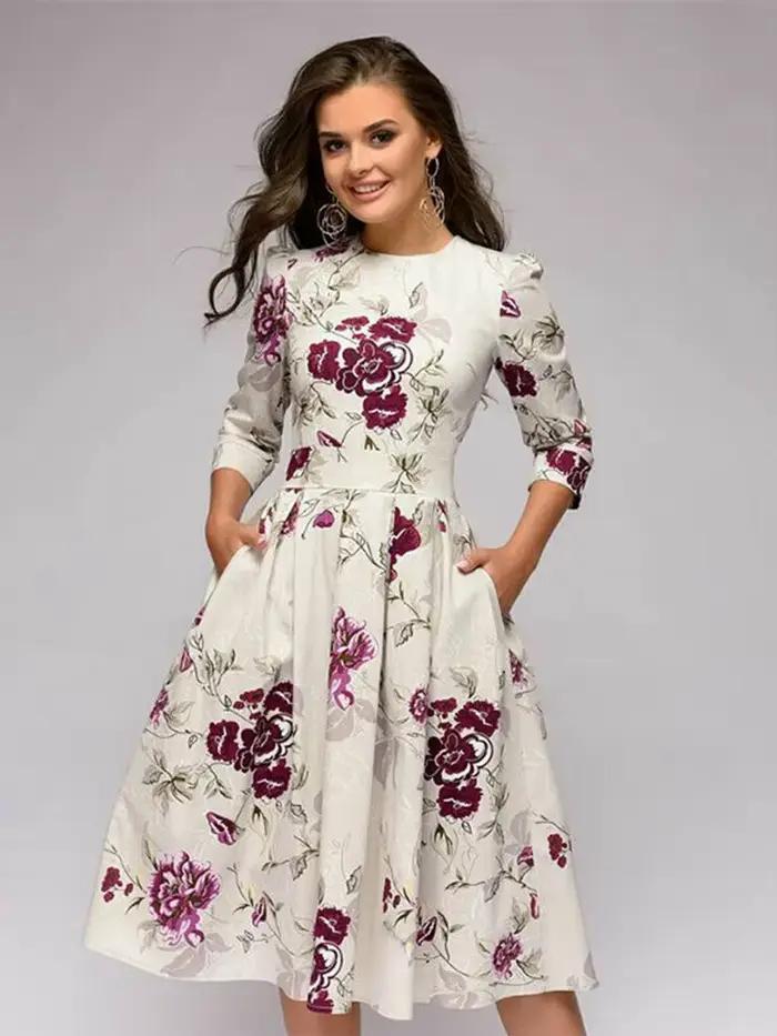 Vintage tunique plissée robe imprimée femmes dames élégantes une ligne robes à manches longues femme automne mixi robe de soirée vestidos