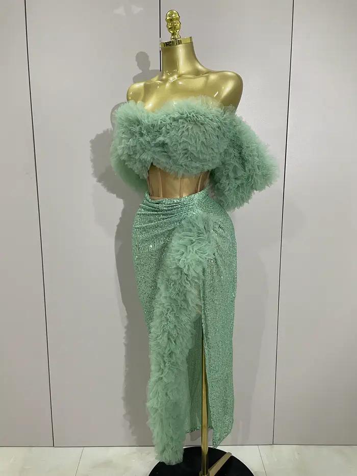 Paillettes brillantes haut jupe courte deux pièces ensemble 2025 femmes Sexy célébrer soirée bal fête d'anniversaire robe discothèque scène tenue