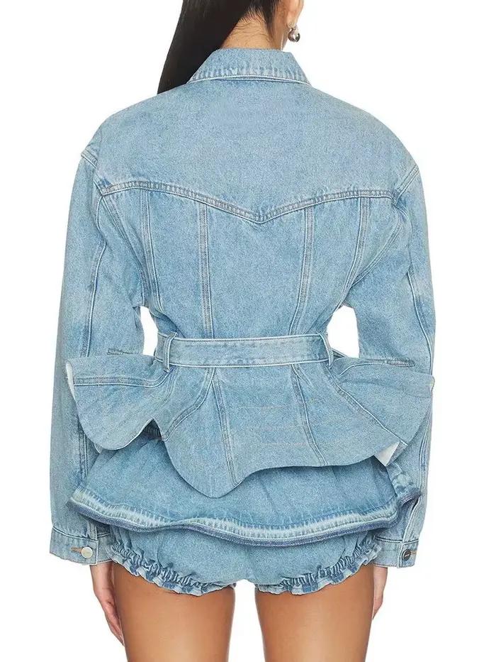 Ensemble deux pièces en jean pour femme : veste sexy à manches longues avec ceinture et short à nœud – Tenue de soirée et cocktail