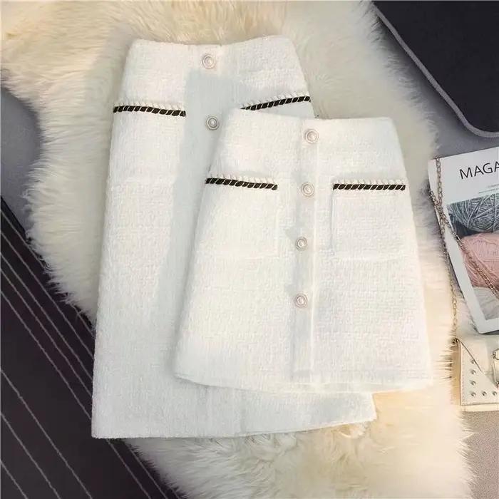 Jupe mi-longue en soie brillante pour femme, taille haute, en laine épaisse, style portefeuille, blanche, collection automne-hiver