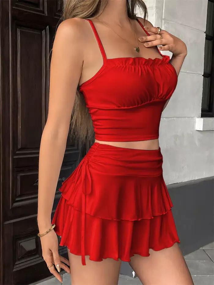 Mini-jupe pour femme taille basse couleur unie à volants