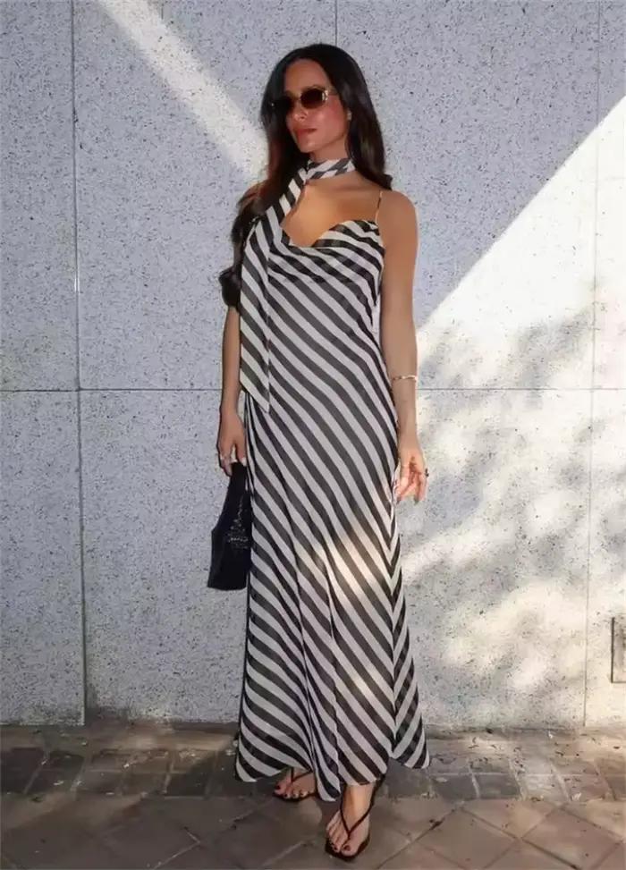 Robe longue d'été pour femme, nouvelle collection, imprimé rayé, col foulard chic, bretelles spaghetti, robe de soirée