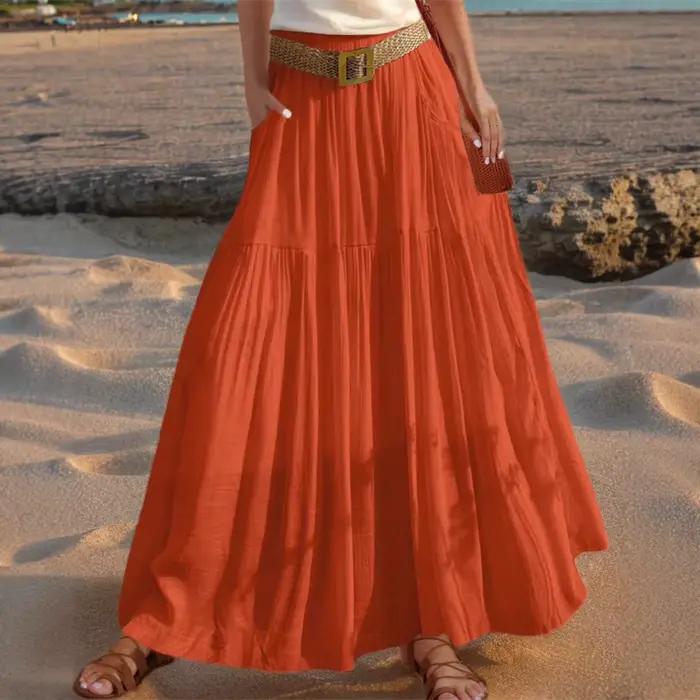 Jupe longue élastiquée unie à taille élastique et ourlet ceinturé pour femme
