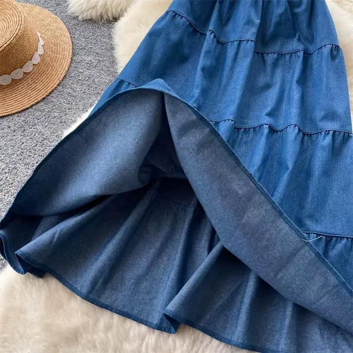 Jupe longue en jean décontractée avec volants superposés pour femme style vintage pour plage et quotidien