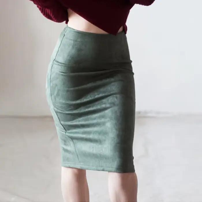 Femmes jupes daim couleur unie jupe crayon femme automne hiver taille haute moulante Vintage