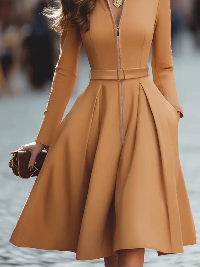Robe midi pour femme, col chemise