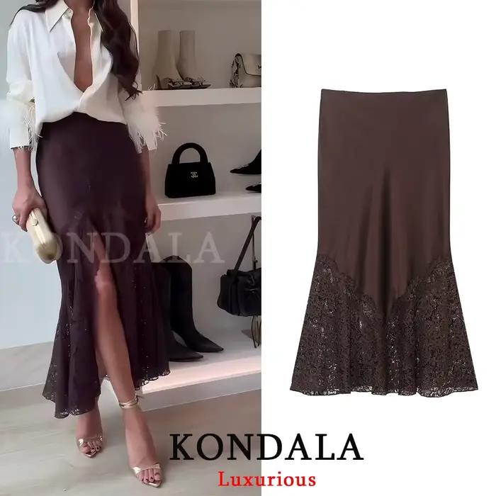 KONDALA Vintage Chic chocolat marron Satin jupes avant fendu dentelle Midi