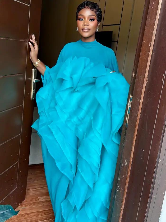 Robe longue plissée turquoise à volants, style africain, en mousseline, col montant, manches longues, superposée, pour soirée et mariage