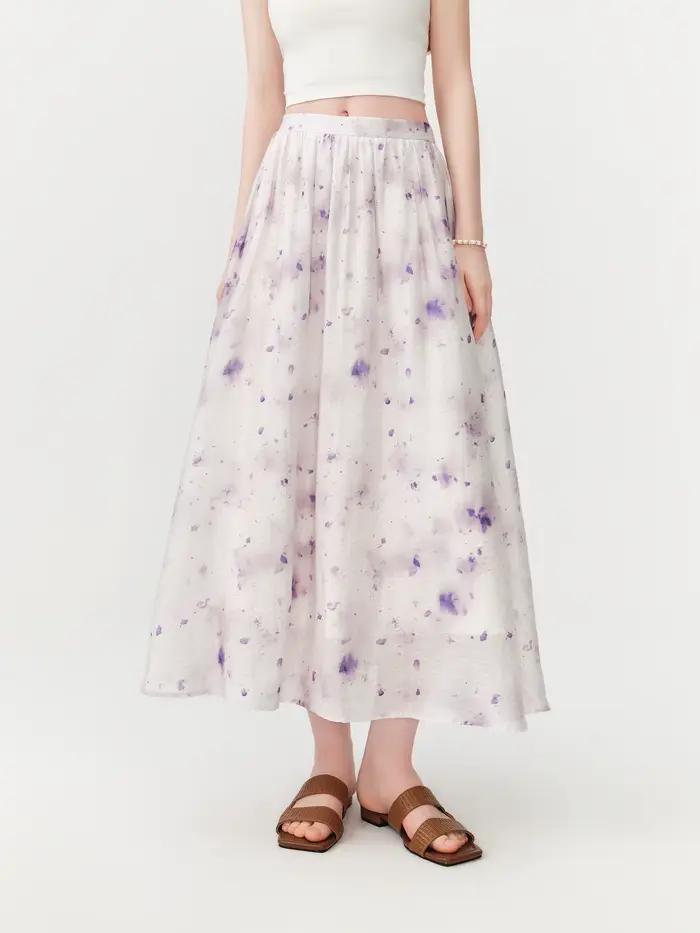 Jupe midi évasée tie-dye lilas pour femme, taille haute et tombé fluide, idéale pour les vacances et les sorties quotidiennes, élégante et confortable