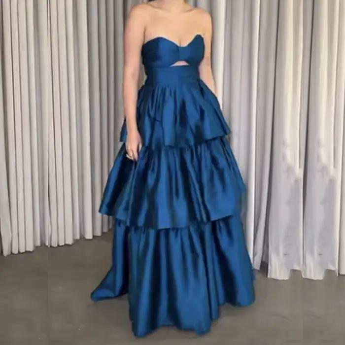 Jupe longue plissée WDPL en satin bleu marine avec volants pour femmes, coupe trapèze, sur mesure, fermeture éclair, élégante pour les fêtes et autres occasions spéciales