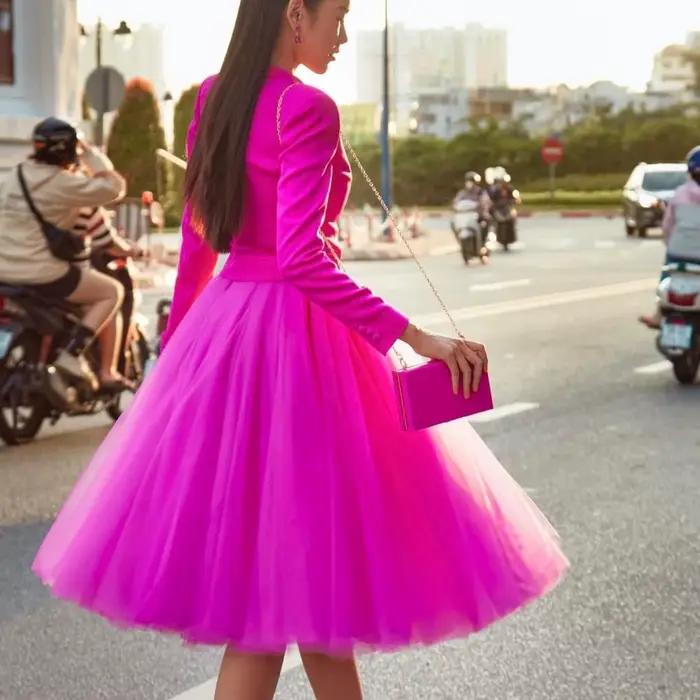 Jupes en tulle fuchsia pour femmes, longueur genou, taille haute extensible, plusieurs couleurs disponibles