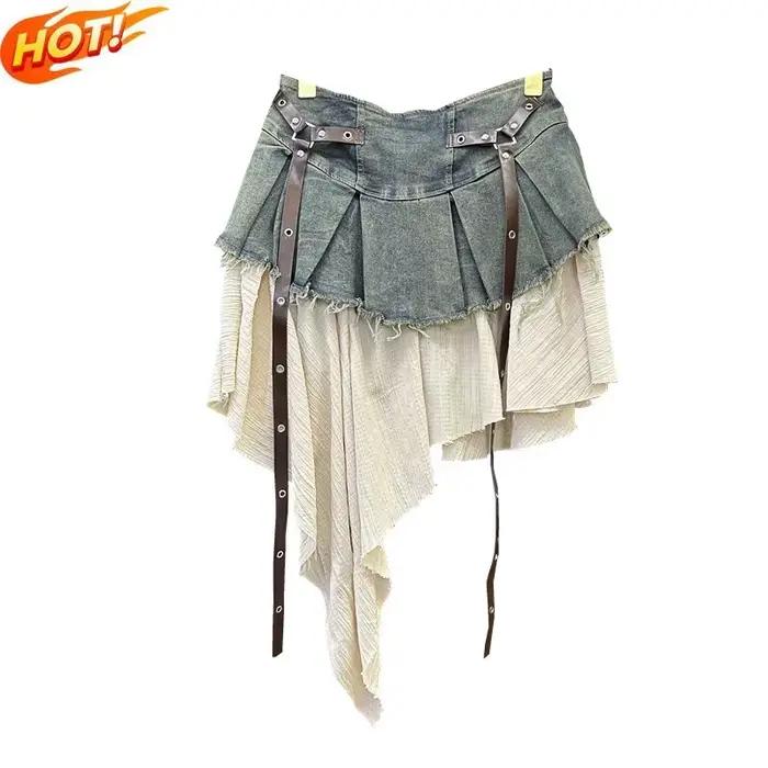 Jupe plissée en Denim épissé rétro pour femmes