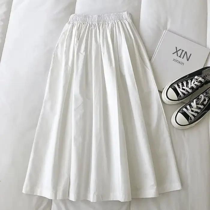 Femmes blanc jupe longue mode poches plissé genou longueur jupes automne nouveau décontracté élégant taille haute une