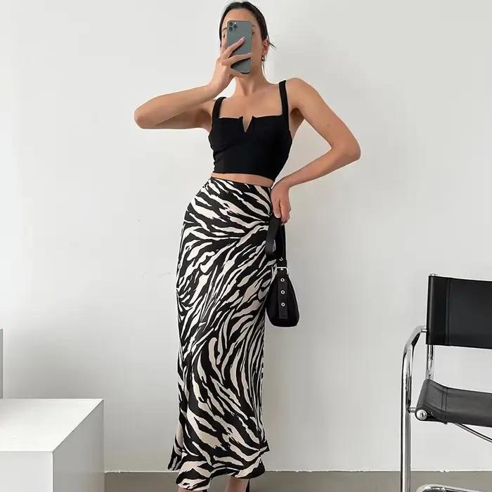 Jupe longue femme taille haute coupe ajustée imprimé zèbre