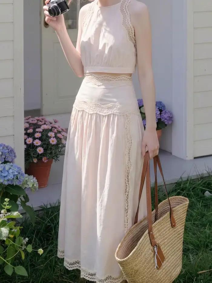 Jupe mi-longue évasée à taille haute pour femme avec bordure en dentelle ou débardeur court sans manches à épaules