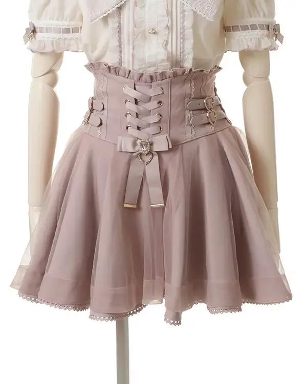 Liz japonais nouvel été bord en dentelle anneau en cuir taille haute jupe plissée nœud de ruban jupes courtes tout-match gros nœud Blouses Lolita